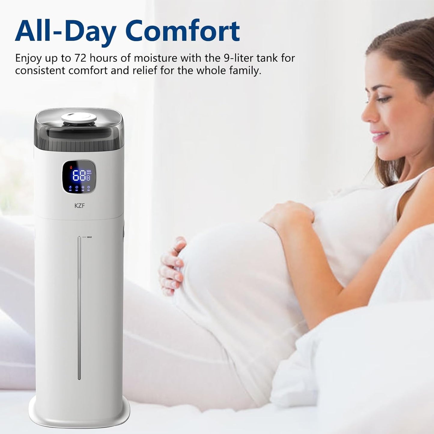 Large Humidifier for Bedroom, 9L/2.5Gallon Ultrasonic Cool Mist Humidifier with Humidistat, 360°Nozzle, 350ML/H Big Mist Level, Suitable for Kids Room Livingroom Yoga Office Plant，White