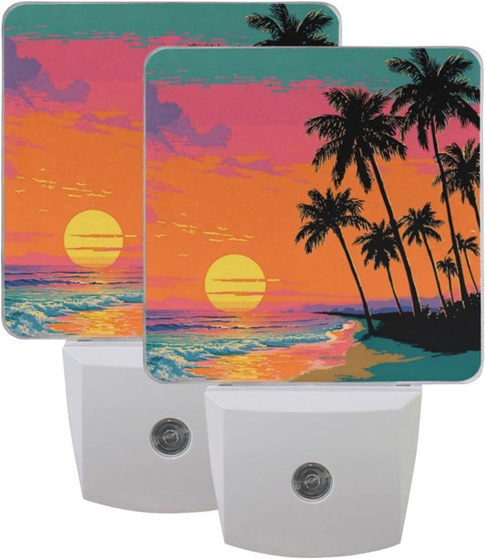 Aslsiy Night Light for Kids Palm Tree Beach Sunset (4) Plug in Wall Lamp LED Dusk to Dawn Sensor Energy Saving Nightlight for Boys Girls Men Women