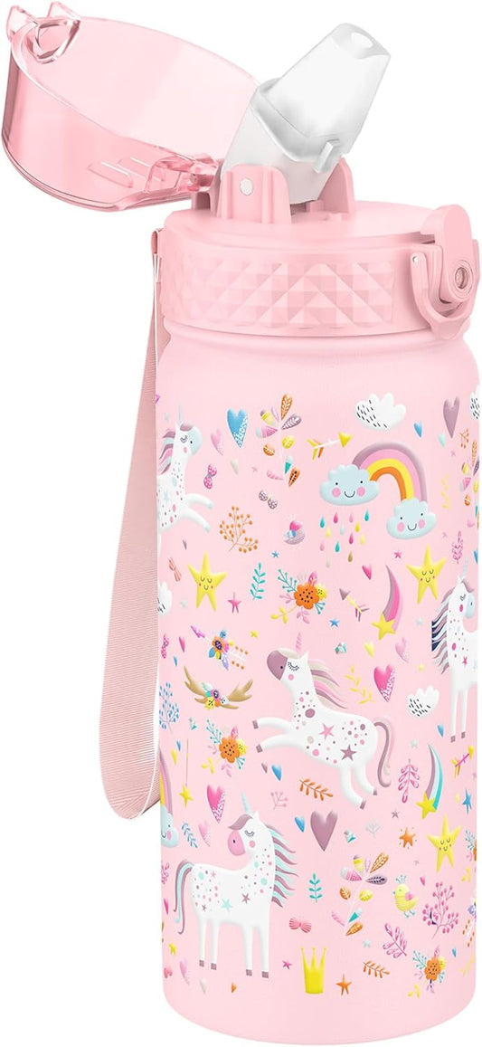 Kids Water Bottle, GOPPUS 18 oz Insulated Water Bottle with Straw, Double Vacuum Leakproof, BPA Free, for Boys and Girls,Pink Unicorn