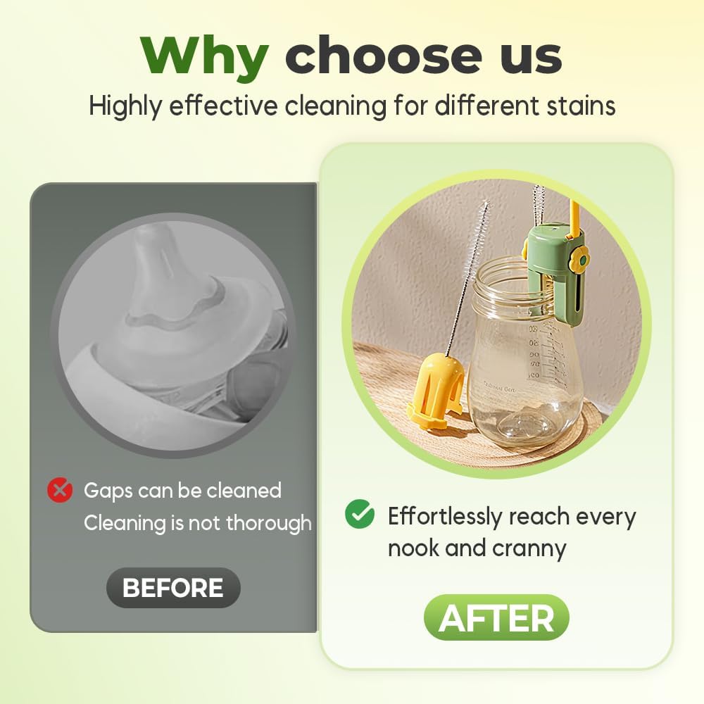 5 in 1 Bottle Cleaning Brush Set, 2025 Multifunctional Lid Brush Cleaning Tool Kitchen, Portable Long Handle Bottles Scrubber for Cup Lids, Hard Bristle Sponge Head Bottle Brushes (Green and White)