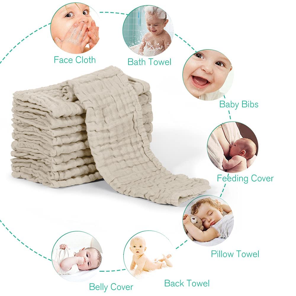 Yoofoss Muslin Burp Cloths for Baby 10 Pack 100% Organic Cotton Baby Washcloths for Boys Girls Large 20''X10'' Super Soft and Absorbent Apricot White