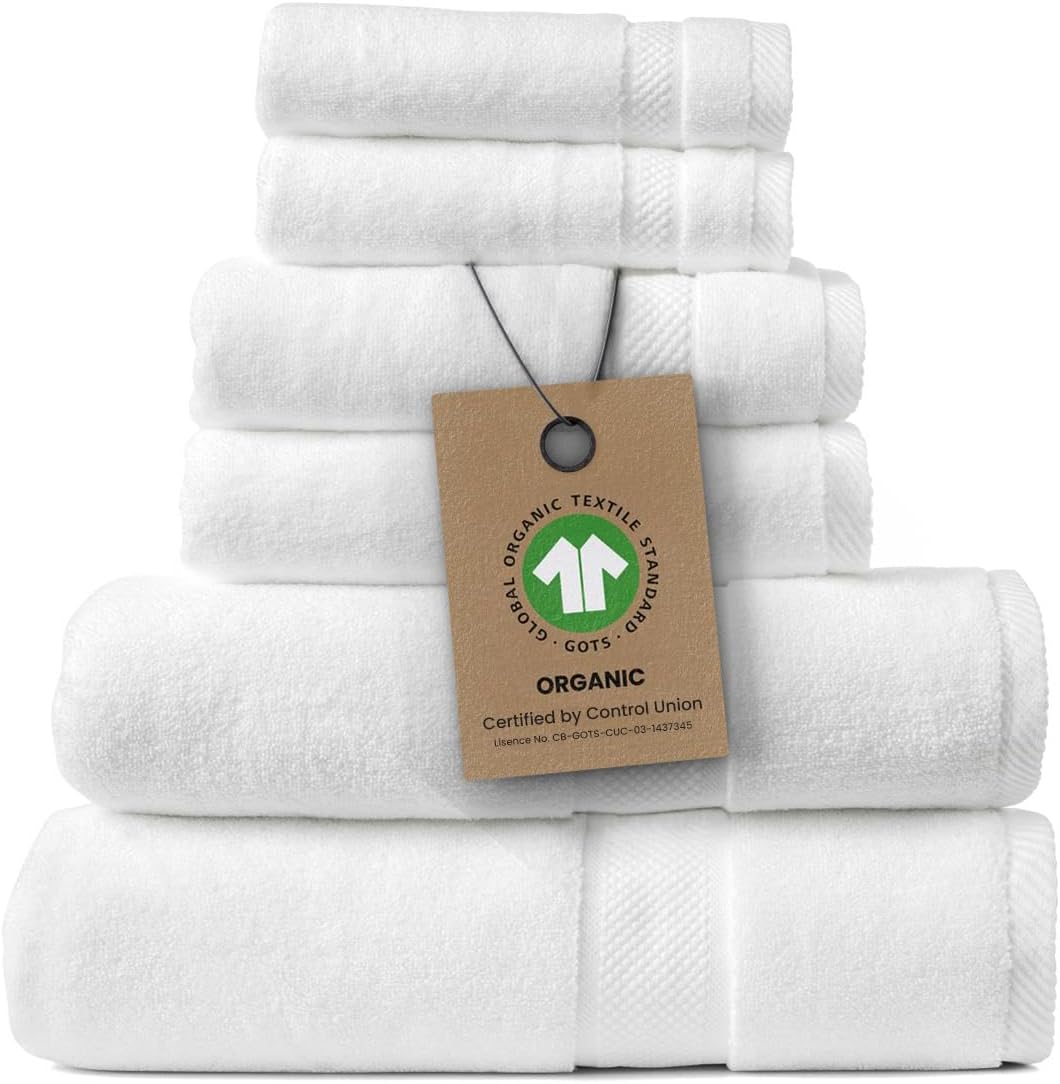 100% Organic Zero-Twist Cotton Towels - GOTS Certified Luxury Bath Towels - Ultra Soft & Plush 700GSM Long-Staple Cotton - 6 Piece Towel Set (White)