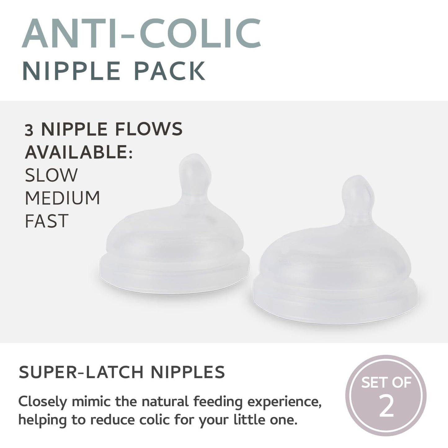 MILK & WATER Anti-Colic Nipples, Set of 2 - Fast Flow (6+ Months) Super Latch Nipple Pack - Mimics Natural Feeding for Easy Transition from Breast to Bottle - BPA-Free, Soft Silicone