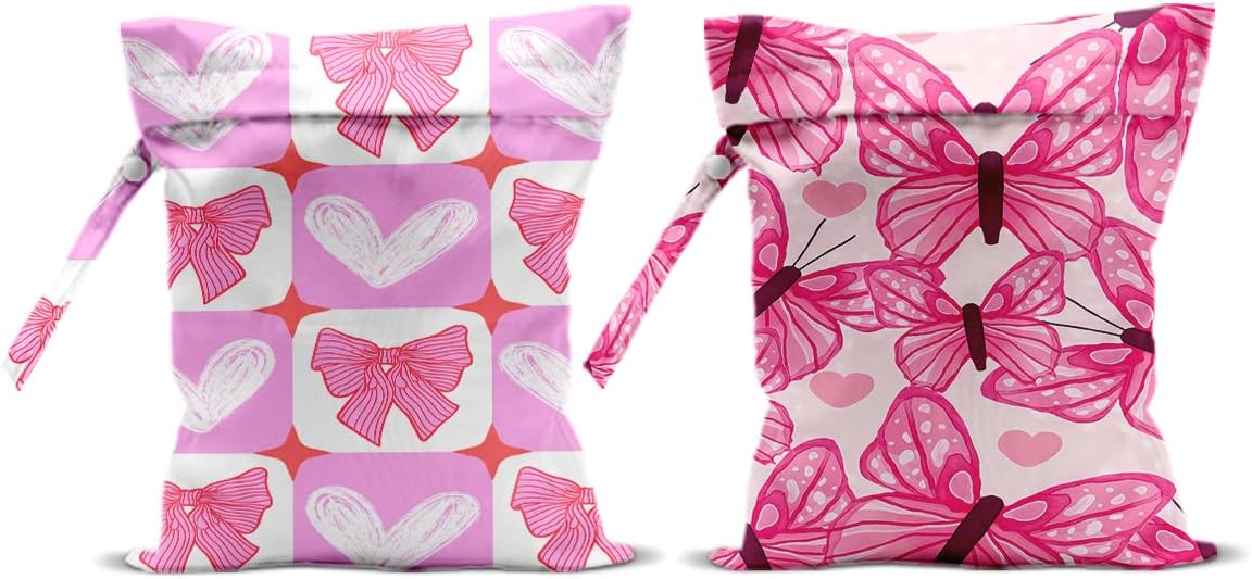2Pcs Pink Bow Wet Bags 12x10 Inch, Heart Waterproof Wet Dry Bags, Reusable Washable Travel Laundry Bag for Swimsuit Beach Diapers Dirty Yoga Gym Clothes, Butterfly Gifts for Women Friend Travelers
