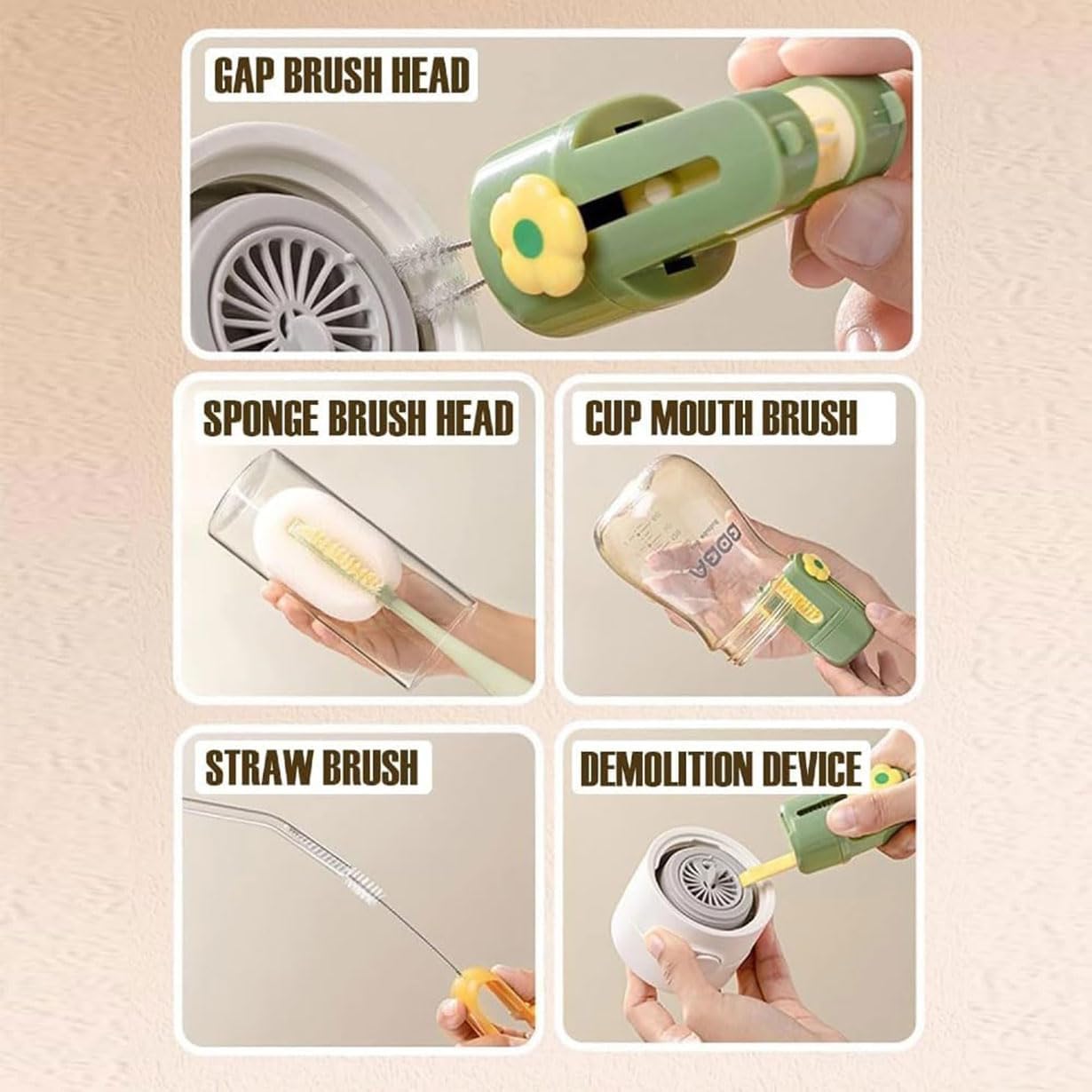 5-in-1 Bottle Cleaning Brush Set, 2026 New Multifunctional Baby Bottle Brush with Long Handle, Gap Cleaner & Scrubber for Water Bottle Lid, Straw, Travel Mugs and Home Kitchen Use (Green)