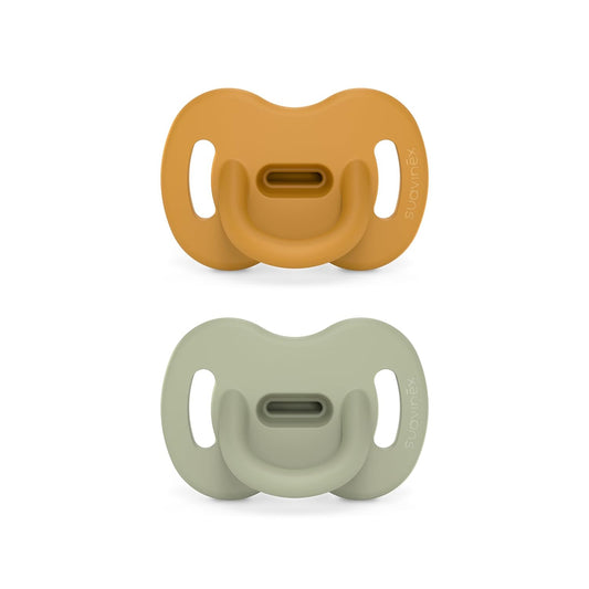 Color Essence SX PRO Silicone Baby Pacifier 2Pk, Made with 100% Soft Silicone, Baby Essentials Perfect for Breastfeeding Babies, Designed in Spain, 6-18 Mths, Mustard/Green