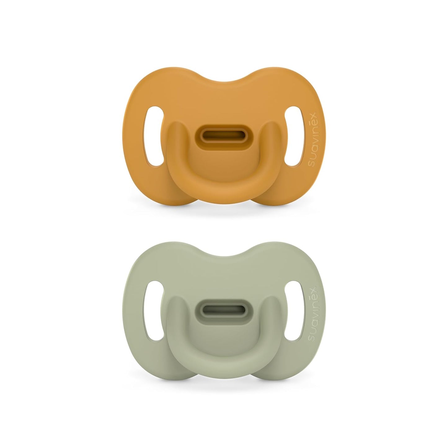 Color Essence SX PRO Silicone Baby Pacifier 2Pk, Made with 100% Soft Silicone, Baby Essentials Perfect for Breastfeeding Babies, Designed in Spain, 0-6 Mths, Mustard/Green
