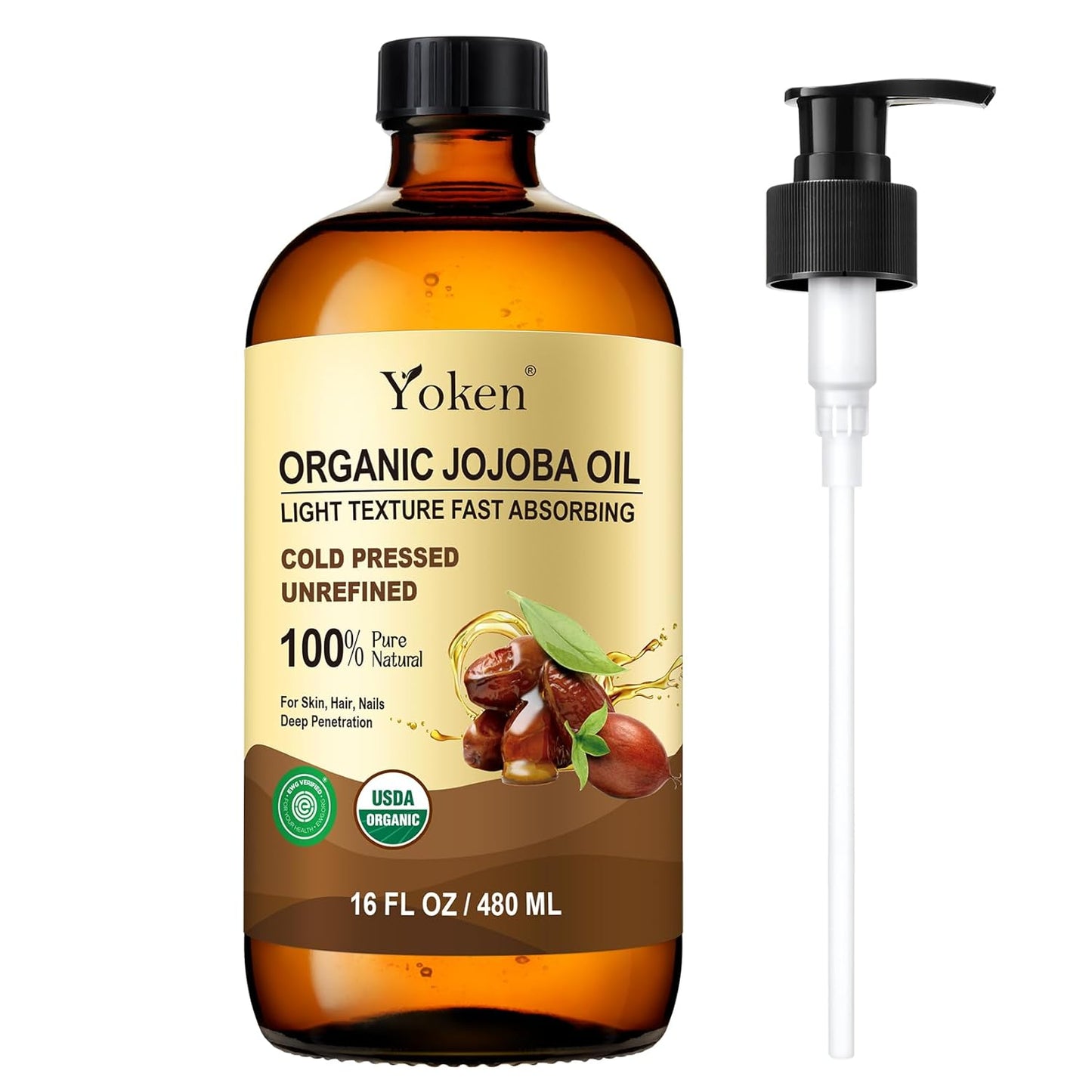 Organic Jojoba Oil Glass Bottle 16 fl oz, USDA Certified 100 Pure & Natural Jojoba Oil for Hair, Skin & Face, Cold Pressed Unrefined Hexane Free, Deeply Moisturizing Body Serum for Gua Sha