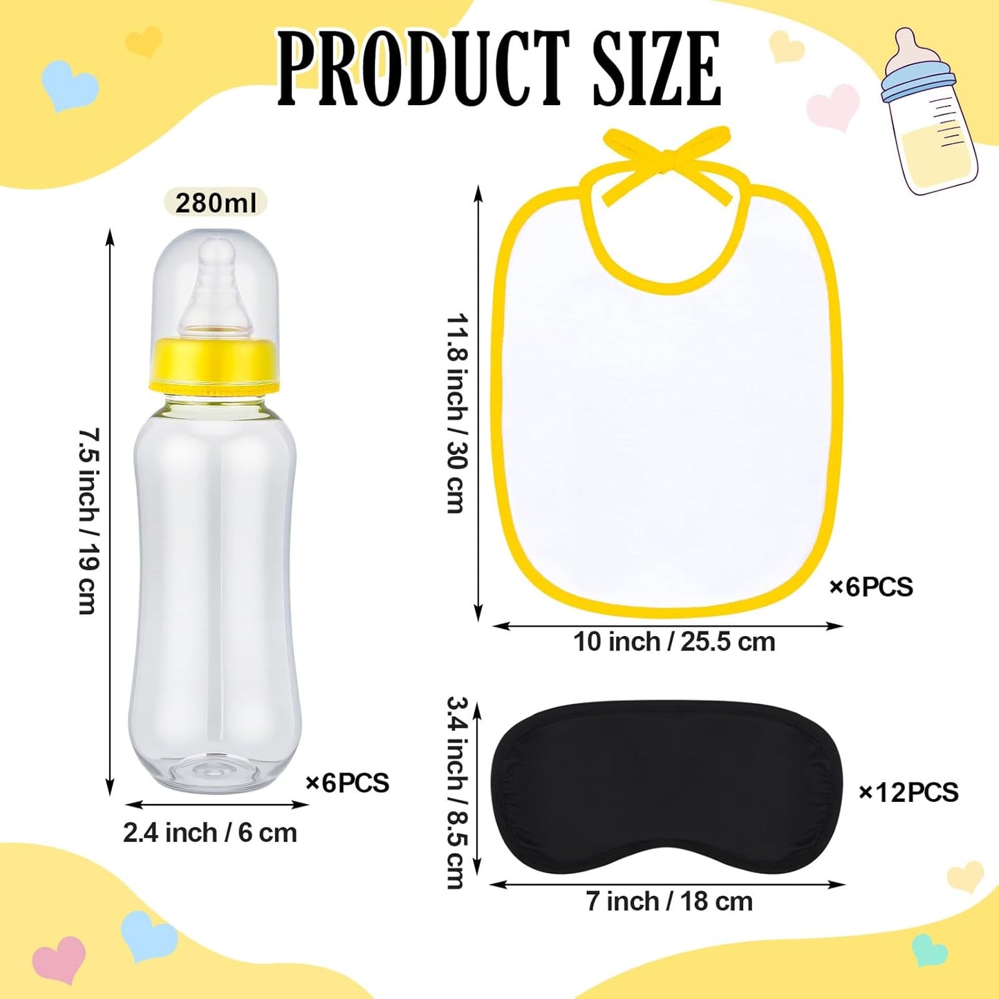 Leinuosen 24 Pcs Baby Shower Blindfold Feeding Game Set Include 6 Plastic Chug Bottles 6 Bib and 12 Eye Mask Blindfold Baby Feeding Bottle Chug Game for Adult Gender Reveal Party Supplies(Yellow)