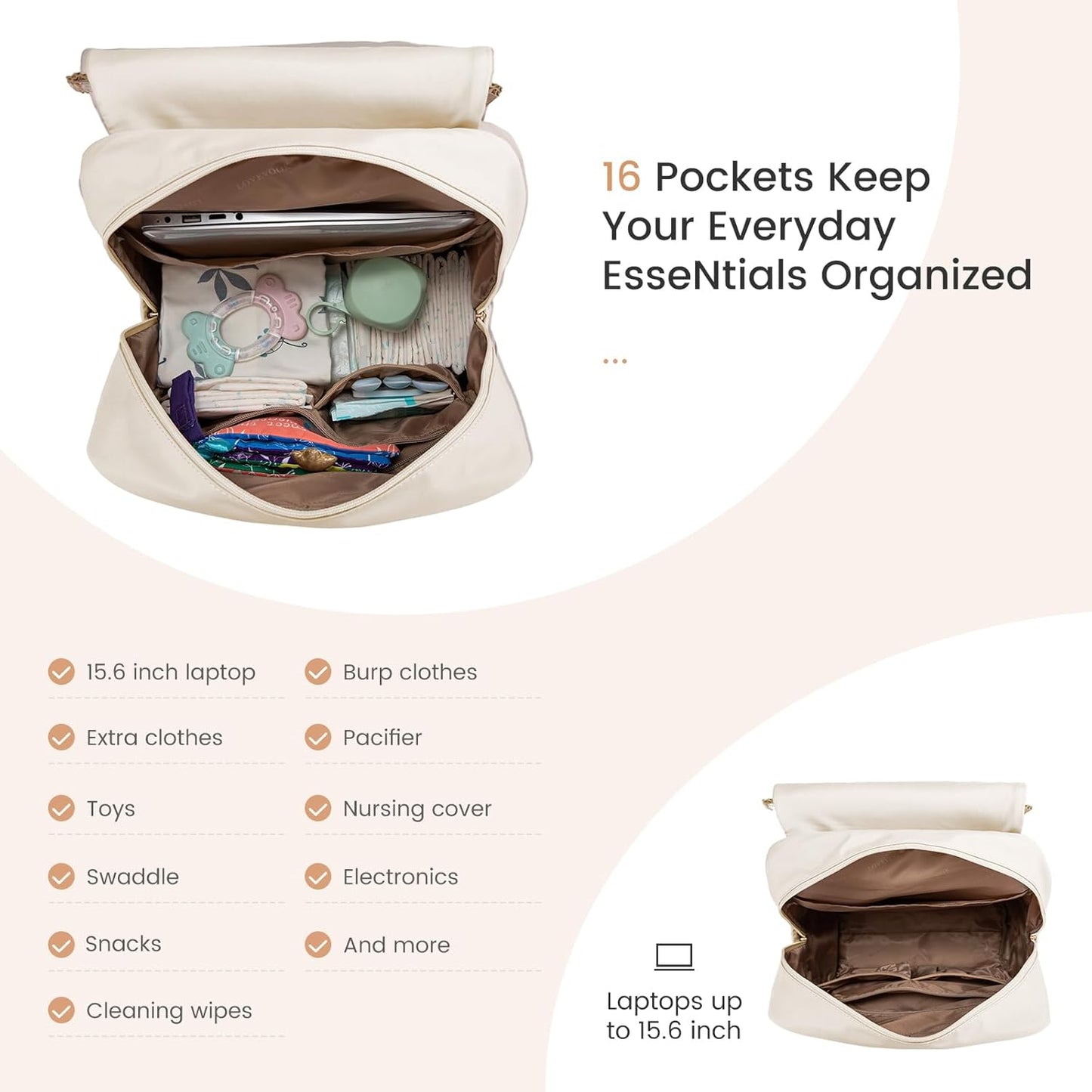 LOVEVOOK Diaper Bag Backpack, Baby Travel Bags for Boys & Girl, Toddler Waterproof Diaper Bag w/Changing Pad (Beige khaki, 15.6''-Small)