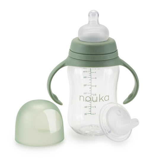 noüka Transitional Baby Bottle/Sippy Cup | Non Spill | Easy Grip Double Handles | Dishwasher Friendly | Moss | Size 8 Oz