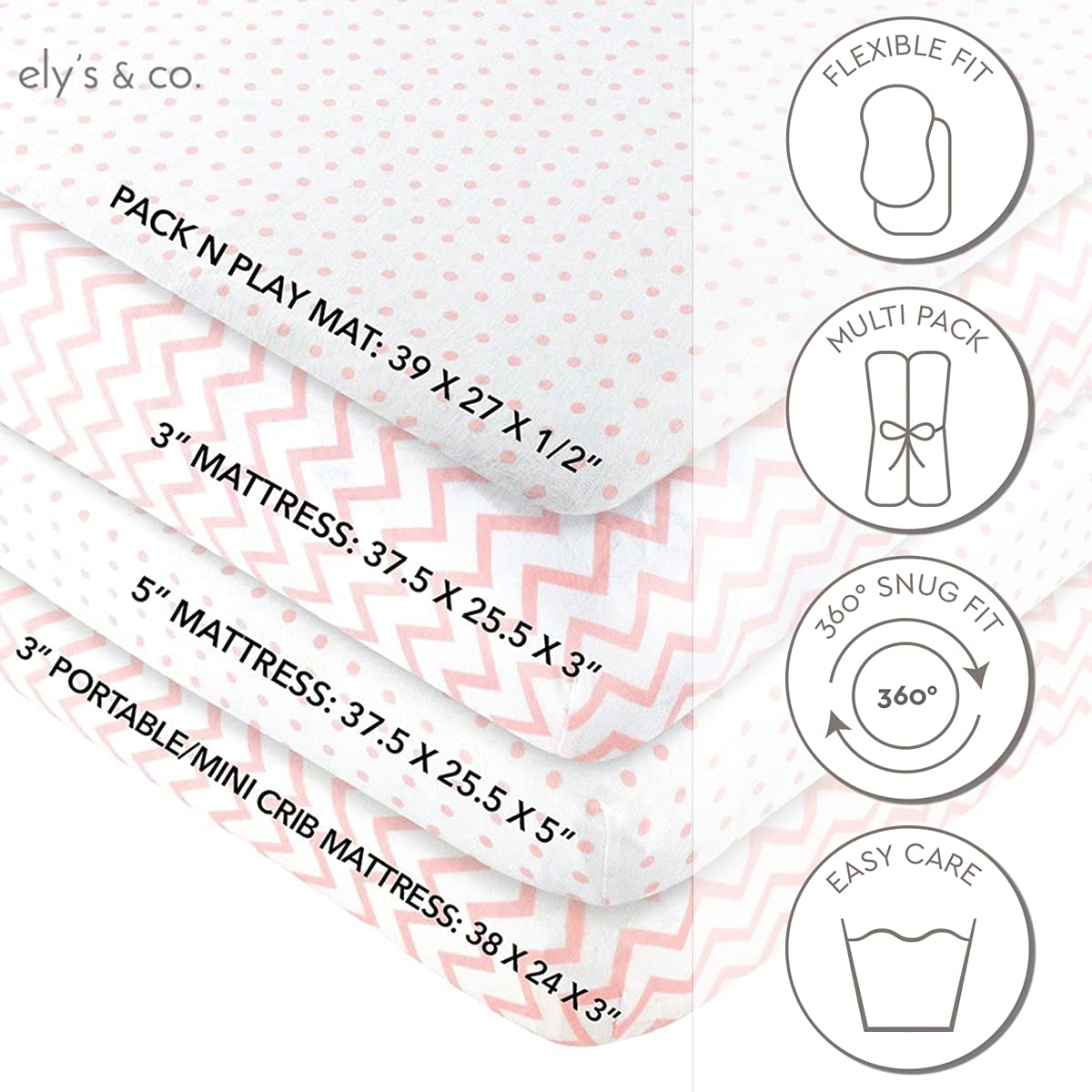 Ely's & Co Pack n Play , Portable mini Crib Sheet Set 100% Jersey Cotton Pink Chevron and Polka Dots for Baby Girl, 2 Pack