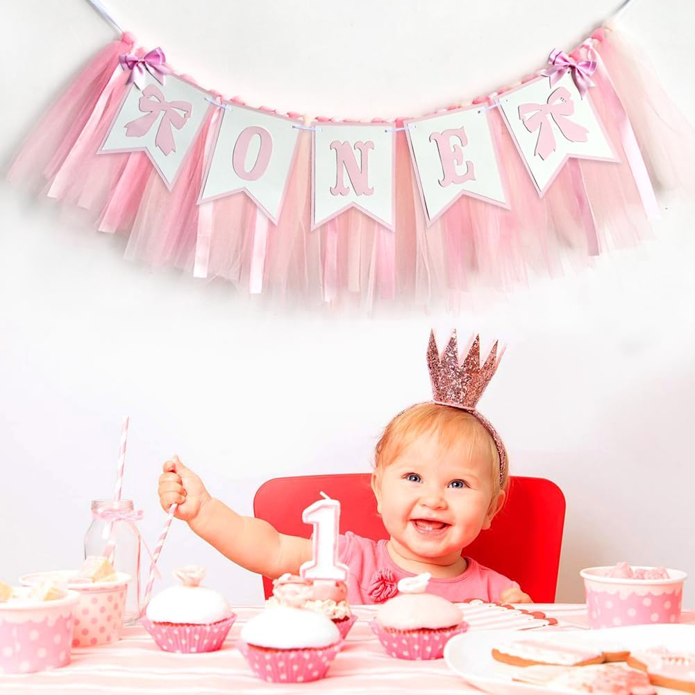Pink Bowknot One Birthday Highchair Banner - Girl 1st Birthday High Chair Banner, Party Decoration Photo Props, Cake Smash