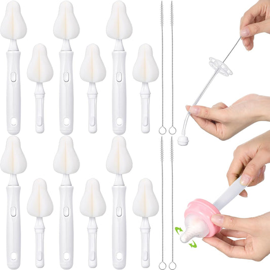 22 Pcs Sponge Bottle Nipple Brushes Set Including 12 Pcs Bottle Sponge Brush Heads 6 Interchangeable Nipple Brush Handles and 4 Long Straw Brushes for Baby Bottles(White Handle)