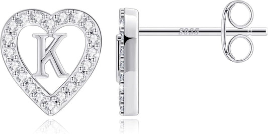 Anoup Christmas Gifts for Grandkids Girls Earrings - S925 Sterling Silver Post CZ Hypoallergenic Stud Heart Initial Earrings for Women Kids Jewelry Stocking Stuffers for Teen Girls Birthday Gifts