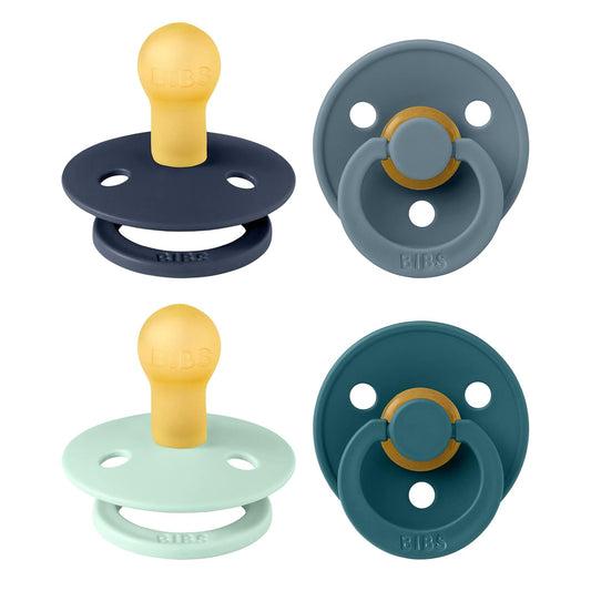 BIBS Pacifiers - Colour 4 Pack | Round Nipple Baby Pacifier | BPA Free Natural Rubber Latex Soother | Made in Denmark | Size 0-6 Months | Boy Colors