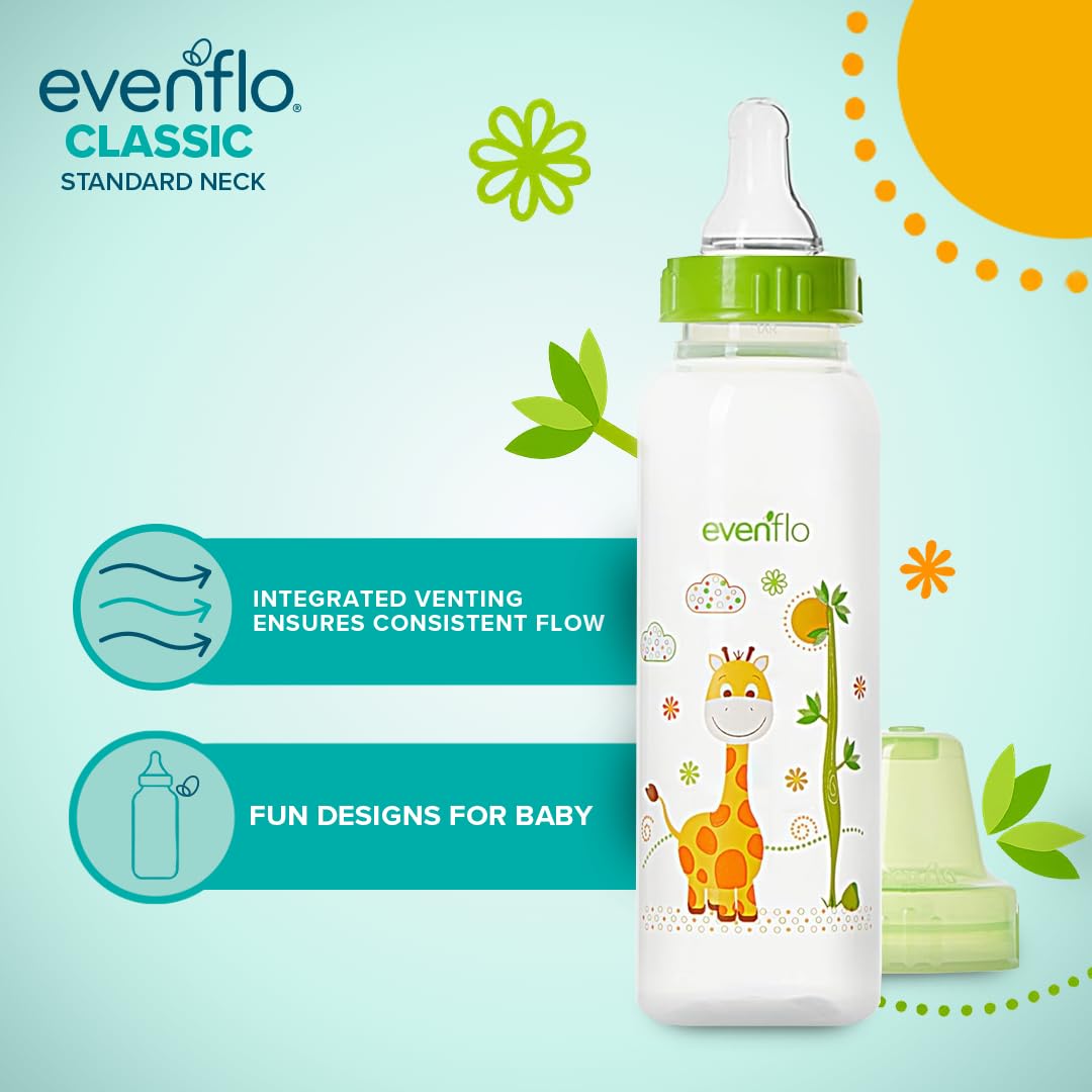 Evenflo Feeding Classic Prints Polypropylene Bottles for Baby, Infant and Newborn - Blue/Green/Teal, 8 Ounce (Pack of 12)