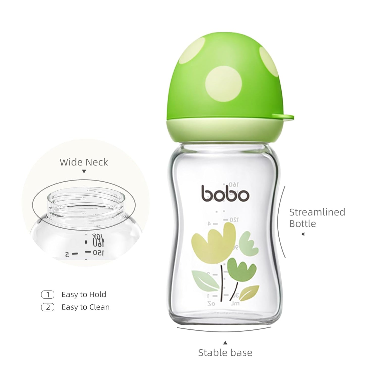 YOHKOH Natural Glass Baby Bottle with Natural Response Nipple, Newborn Anti-Colic Baby Bottles, Wide Neck Mushroom Cap Baby Bottle, Clear (Green, (5.4oz (Pack of 2))