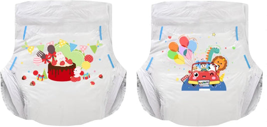 Landofgenie Adult Diapers with Tabs Unisex Overnight High Absorbency Diapers Pack of 2 (Medium 28"-38") - Bunny Party and Animal Amusement Park