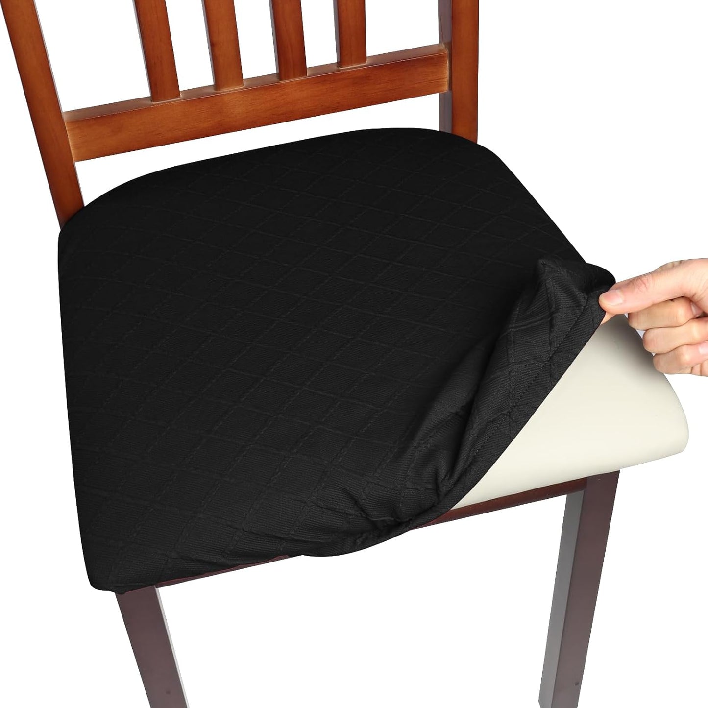 Yikko Chair Seat Covers, High-Density Check Jacquard Ekedalen Seat Covers for Dining Kitchen Restaurant Banquet, Stretch Removable Washable Chair Seat Cushion Protector (6, Black)