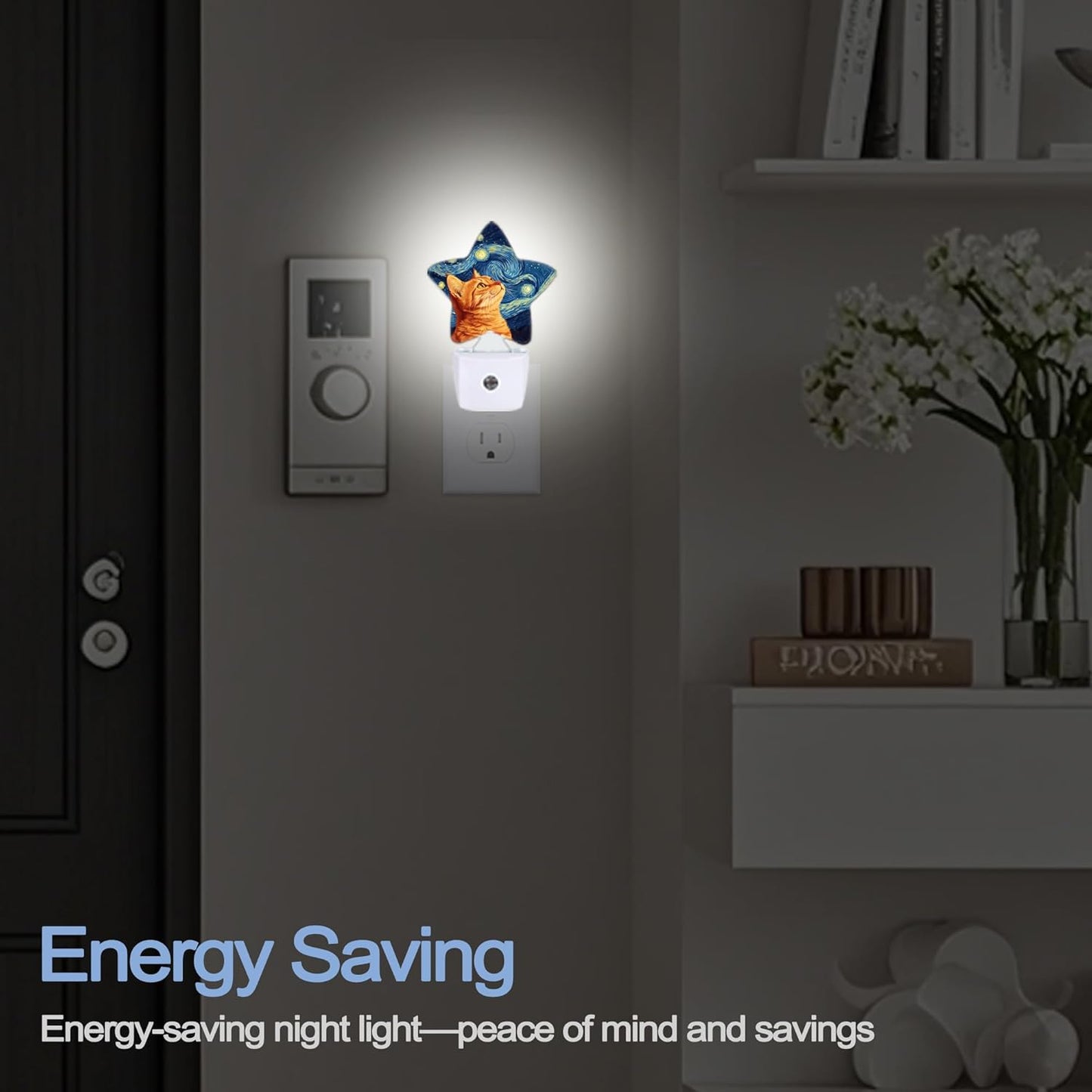 Starry Night Cat Night Lights Plug Into Wall,Abstract Oil Painting Star Night Light for Kids,Nightlight with Dusk to Dawn Smart Sensor for Bedroom Bathroom Decor,Children Women Men Gift