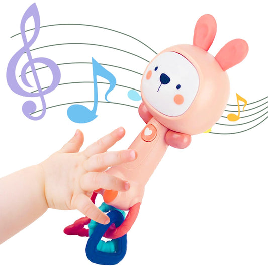Soft Pink Bunny Baby Musical Rattle Toy - Light-Up Teether & Sensory Chew, BPA-Free Soft Rubber, Baby Shower & 1st Birthday Gift for 6-18 Months 1+ Year Old
