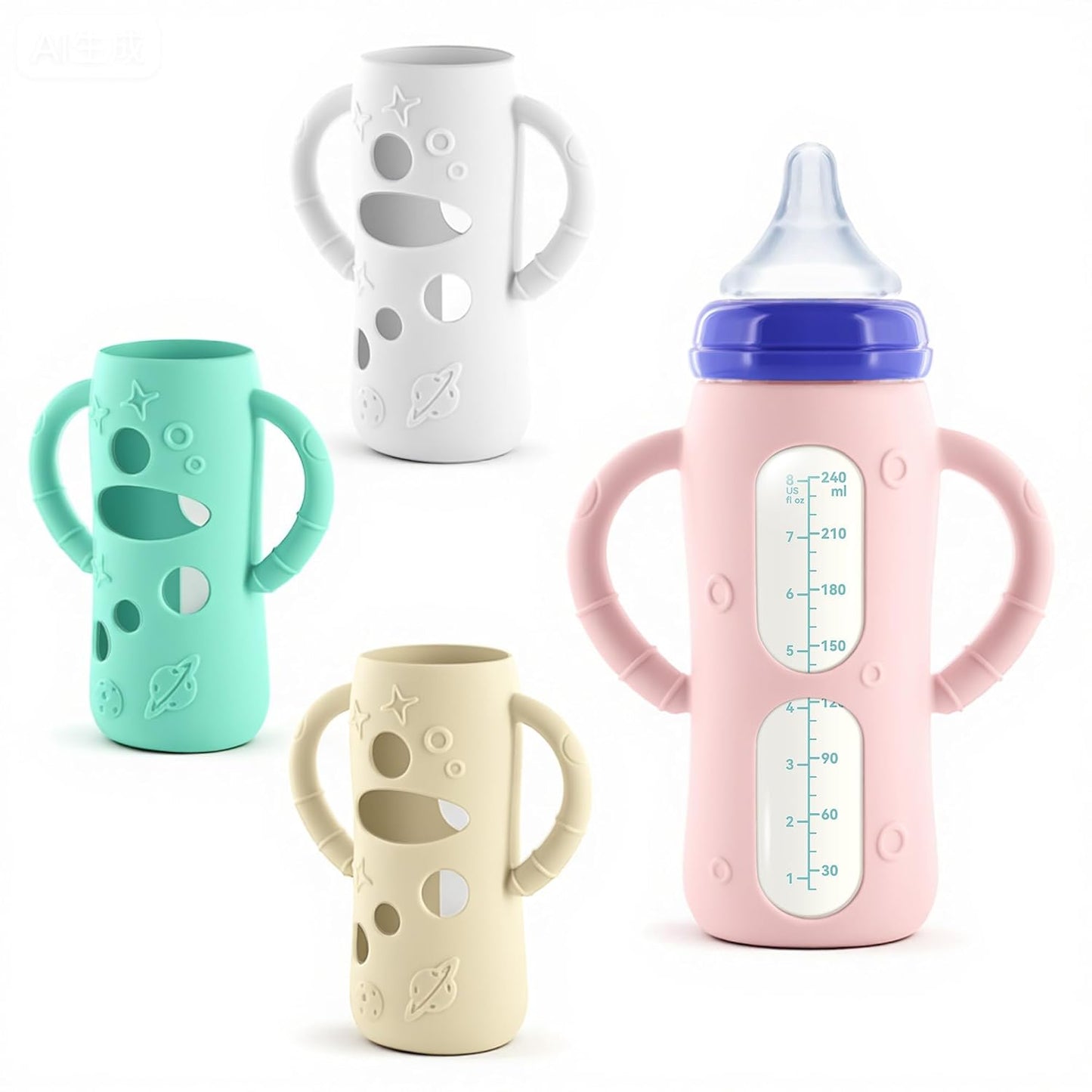 4-Pack Silicone Sleeves for Lansinoh Glass Bottles 8 oz- Starry Sky Design Baby Bottle Holder with Handles,Protectors for Lansinoh Natural Wave Glass Bottles, Anti-Scald Feeding Supplies