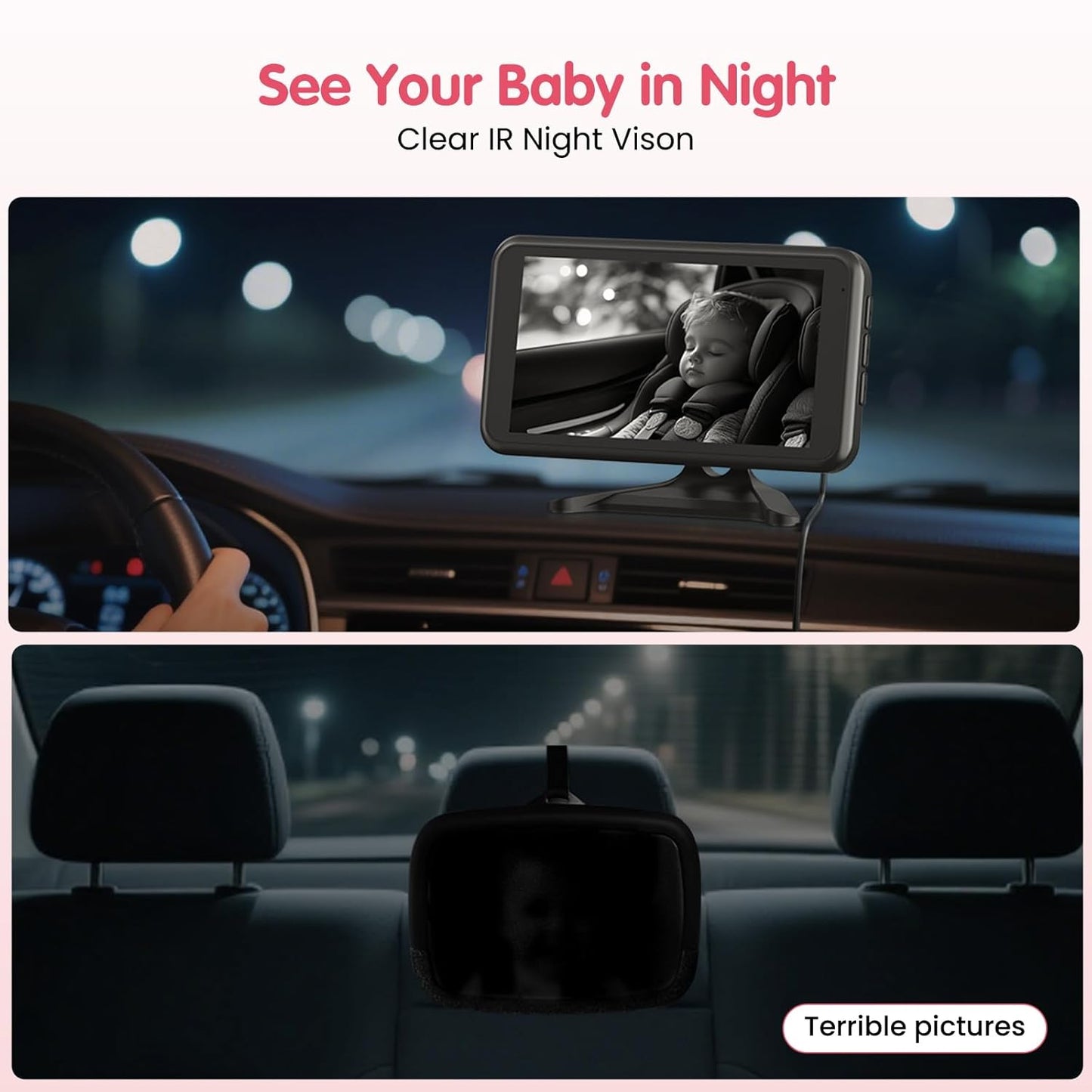 BM2A Baby Car Camera, Night Vision & 5.2" 1080P Display for Rear-Facing Car Seats, Easy No-Damage Install, Patented Anti-Shake Mount – Ideal for Parents and Pet Owners