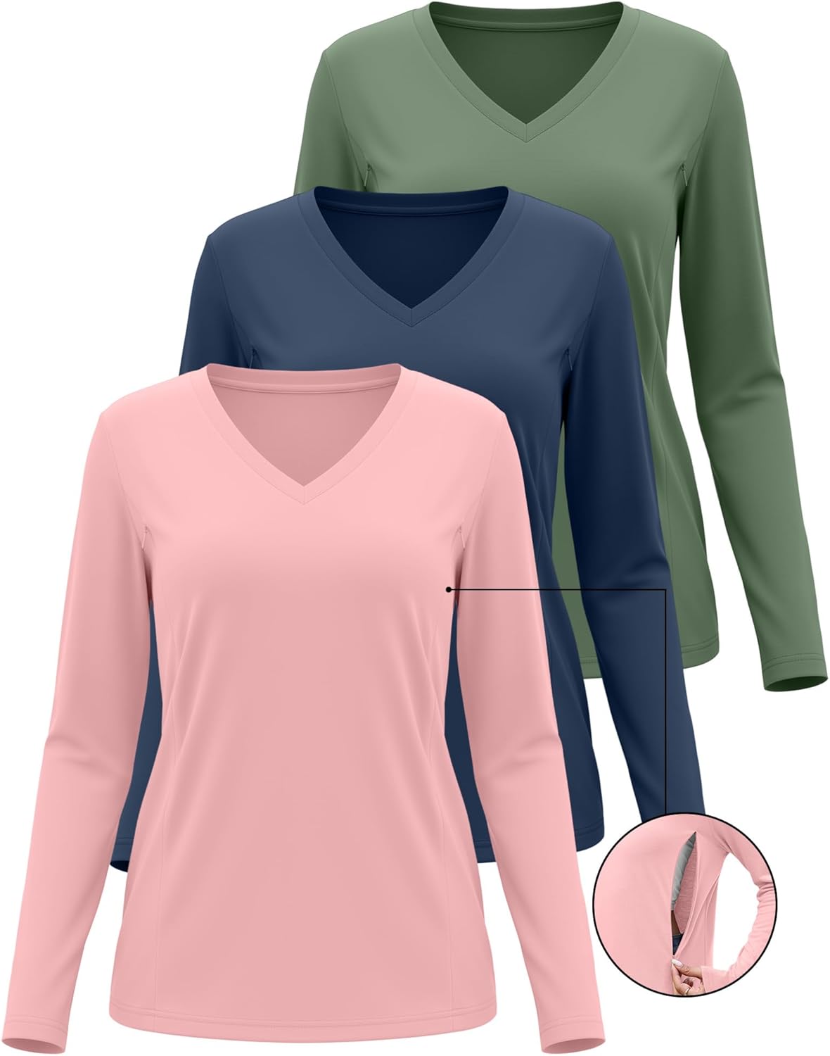 Huukeay 3 Pack Women's Long Sleeve Nursing Tops, Breastfeeding Hidden Zippers Shirts V Neck Maternity Pregnancy Tees Clothes