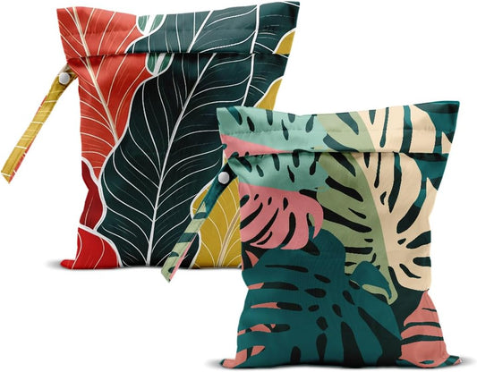 ZHAMEN 2Pcs Palm Leaves Wet Bag 12x10 Inch, Green Summer Waterproof Travel Laundry Bags, Washable Reusable Wet Dry Bag for Swimsuit Beach Diapers Dirty Yoga Gym Clothes, Plant Gifts for Women Friend