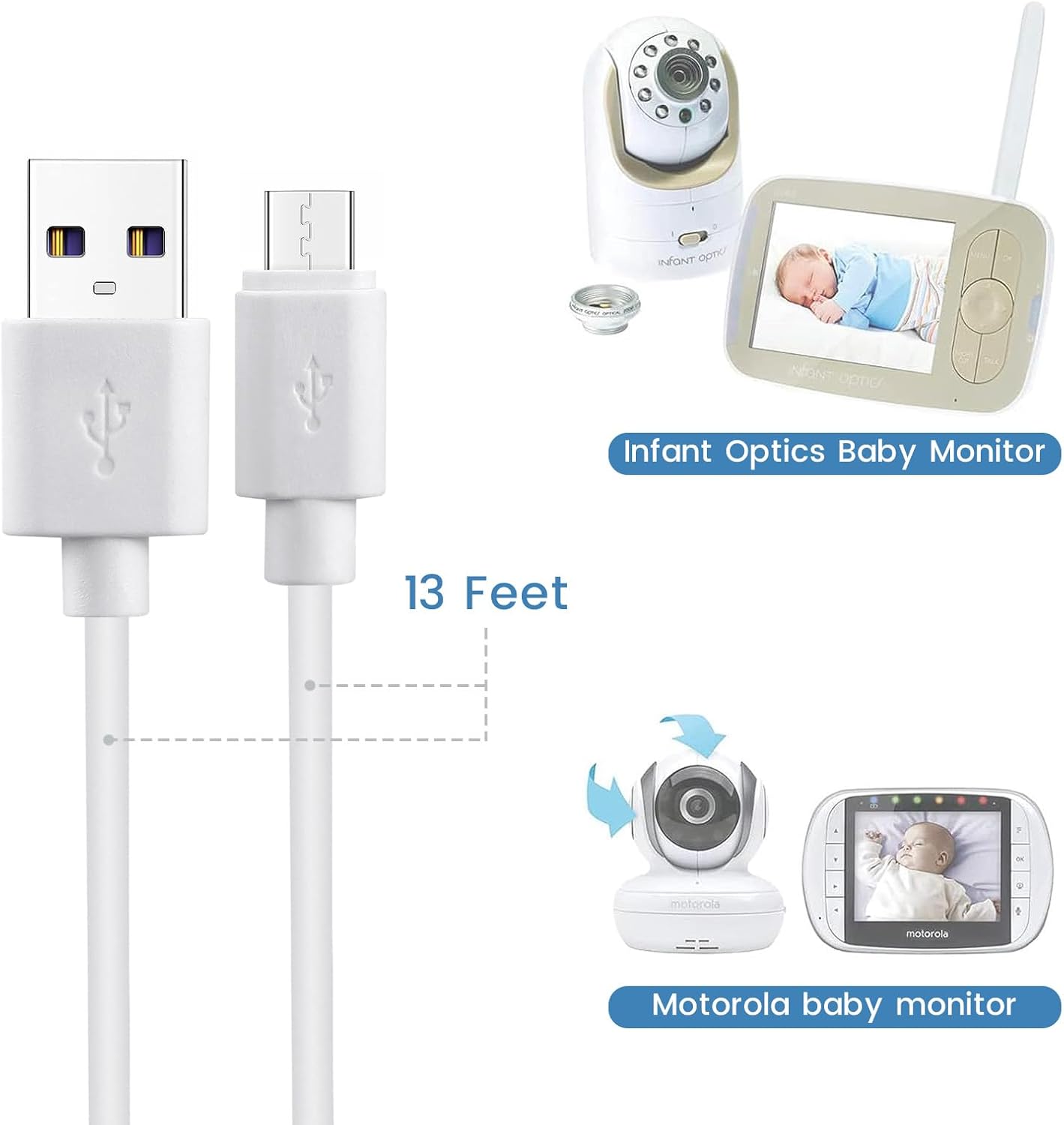 Smays Replacement 5V Micro USB Charging Cable for Infant Optics DXR-8, Motorola, Owlet Baby Monitors - 13-Foot (4 Meters) Power Cord