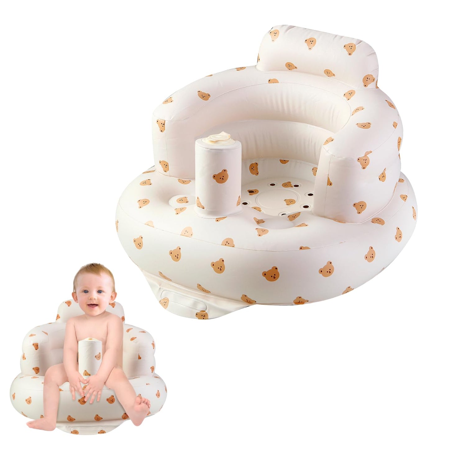 PandaEar Inflatable Baby Seat for 3 Months+, Blow Up Infant Chair Toddler Floor Seats with Built in Air Pump for Sitting Up, Bear