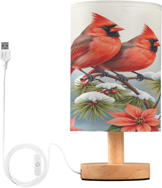 Christmas Flowers Winter Cardinals Table Lamp Bedroom Bedside Night Reading Desk Lamps Cylinder Nightstand Sleeping Light Lamp for Xmas Party Living Room Office Decor