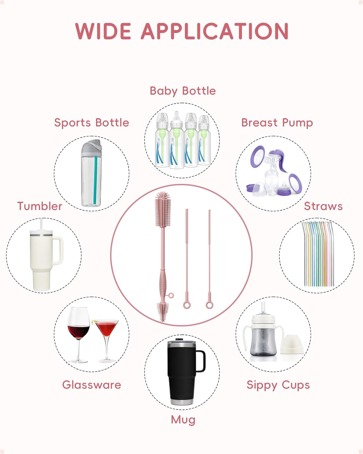 Silicone Cleaning Brush Kit,Water Bottle and Straw Cleaner Brush Set for Tumbler,Baby Bottle,Breast Pump Part,Nipple,Sippy Cup,Glass,Dishwasher Safe,BPA Free,3 Pcs