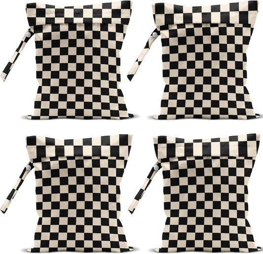 4 Pack Cute Wet Bag Waterproof Washable Reusable Wet Dry Bag for Swimsuit Clothes Cloth Diaper Travel Beach Pool Yoga Gym Halloween Party Camping Toiletries Travel Beach Essentials, Black Checkered