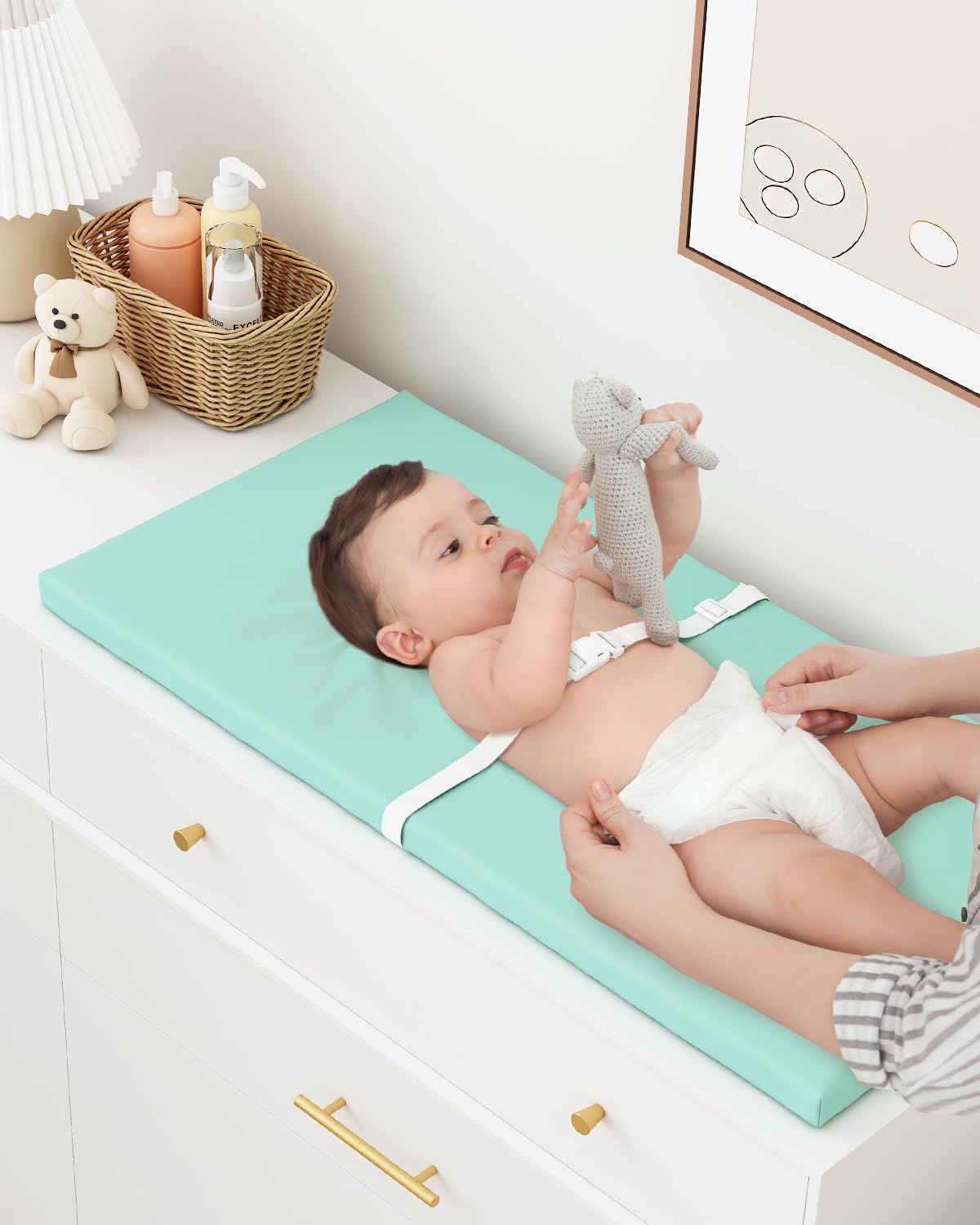 Wipeable Baby Changing Pad for Dresser and Table, Cozy Diaper Changing Pad with Waterproof & Wipe-Clean Leather Cover, Standard Size (31.5" L x 15.8" W), Green