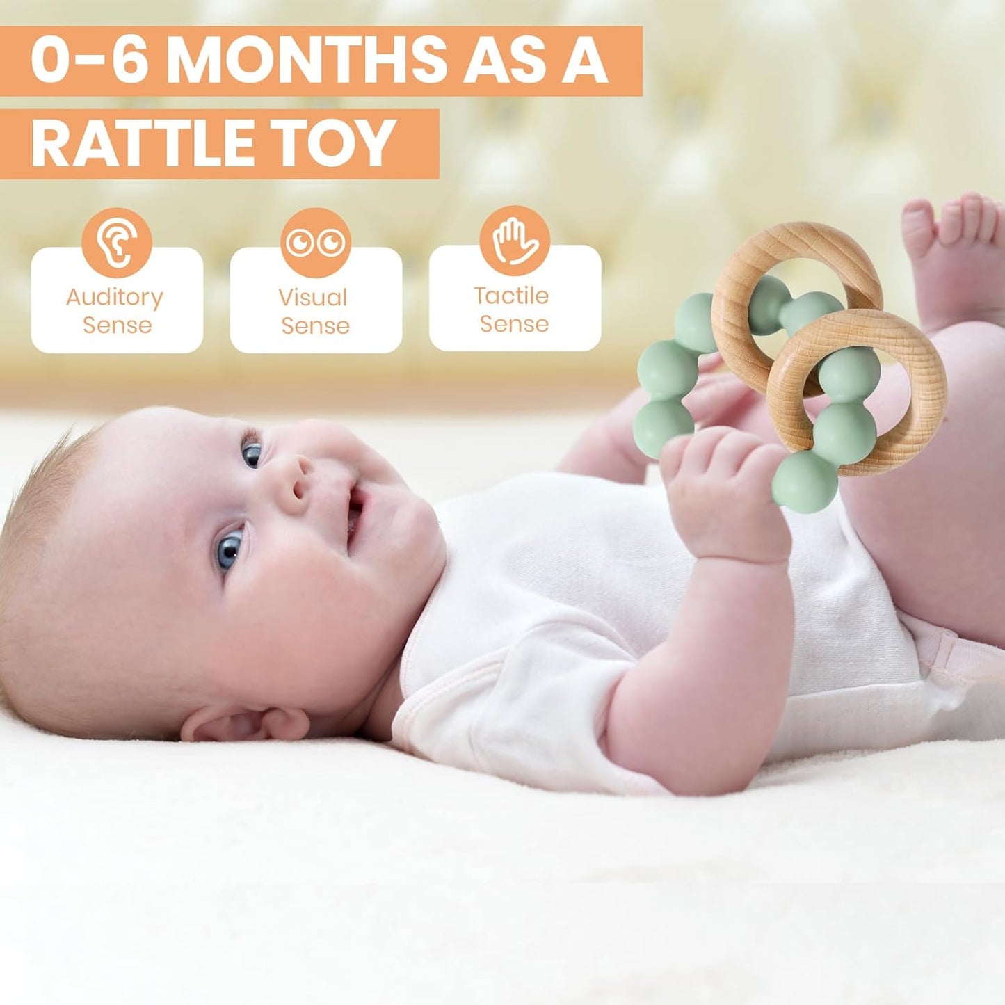 Socub Baby Teething Toys for 0-6 6-12 Months- BPA-Free Food-Grade Silicone & Natural Beech Wood Teether Ring for Newborn Infants Teething Relief- Easy-Grip Sensory Rattle Toys(Cambridge Blue)