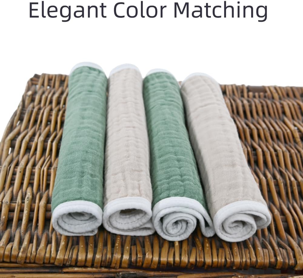 Synrroe Burp Cloths Large, Muslin Burp Cloths for Baby Girls and Boys, Pack of 4 Extra Absorbent and Soft Muslin, 6 Layers 20 by 10 Inches 100% Cotton (Brown-Green 4 Pack)