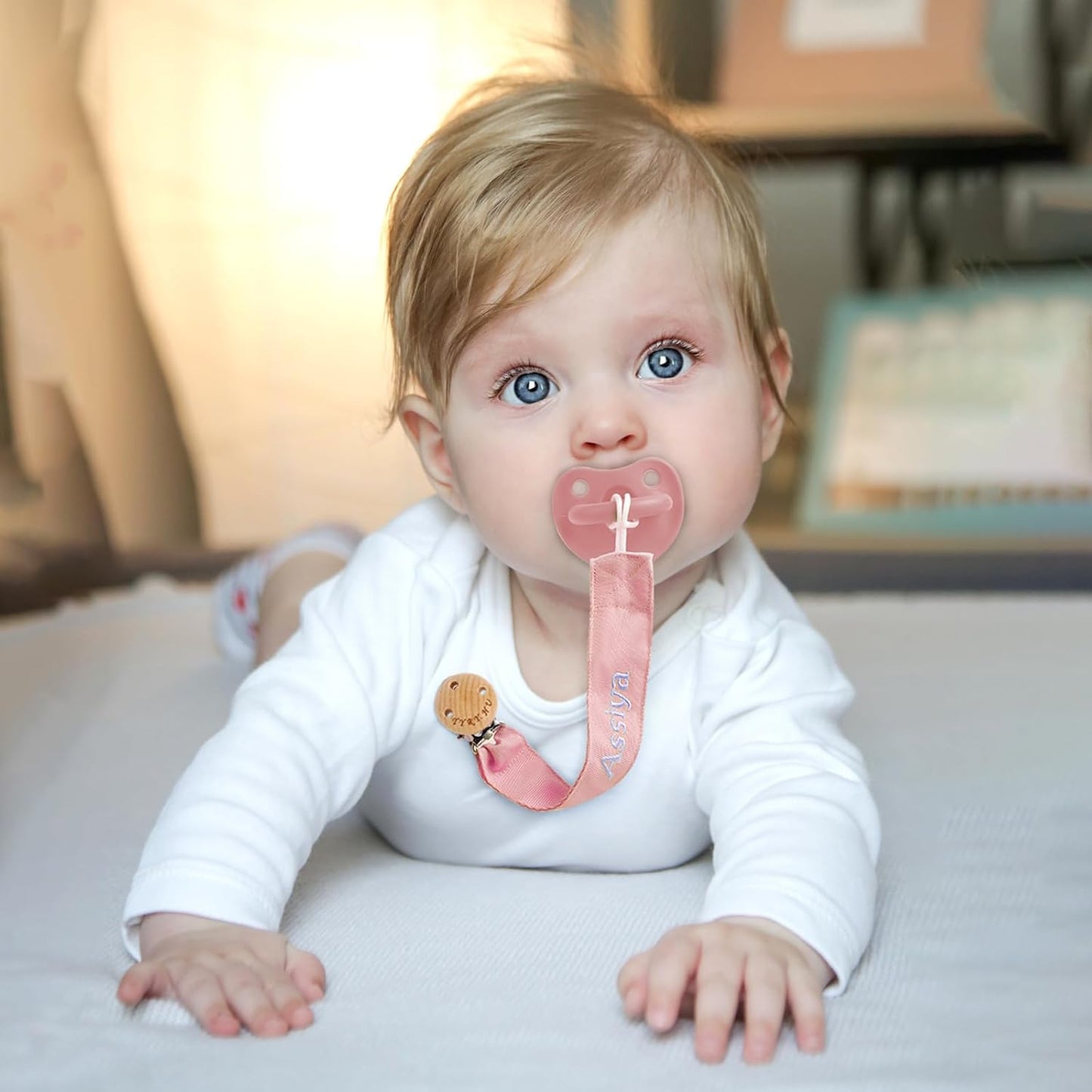 TYRY.HU Personalized Pacifier Clip with Name, Embroidery Pacifier Holder for Baby Girls and Boys, Neutral Binky Clips Universally Fit All Pacifiers & Baby Toys, Baby Gift, 2 Pack(Pink,Purple)