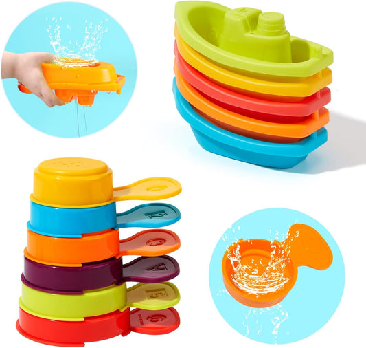 Baby Bath Toys for Kids Ages 1-3, 11PCS Mold Free Bath Toys for Toddlers with Floating Boats and Spoons, Baby & Toddler Bathtub Water Table Pool Sand Play Toys for Christmas Stocking Stuffers
