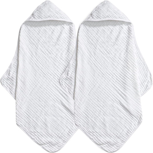david's kids 2 Pack Hooded Baby Towels, 100% Muslin Cotton 6-Layer Ultra Soft Breathable Absorbent Baby Bath Towels for Infant and Toddler, Newborn Essentials, Large 32x32Inch, White