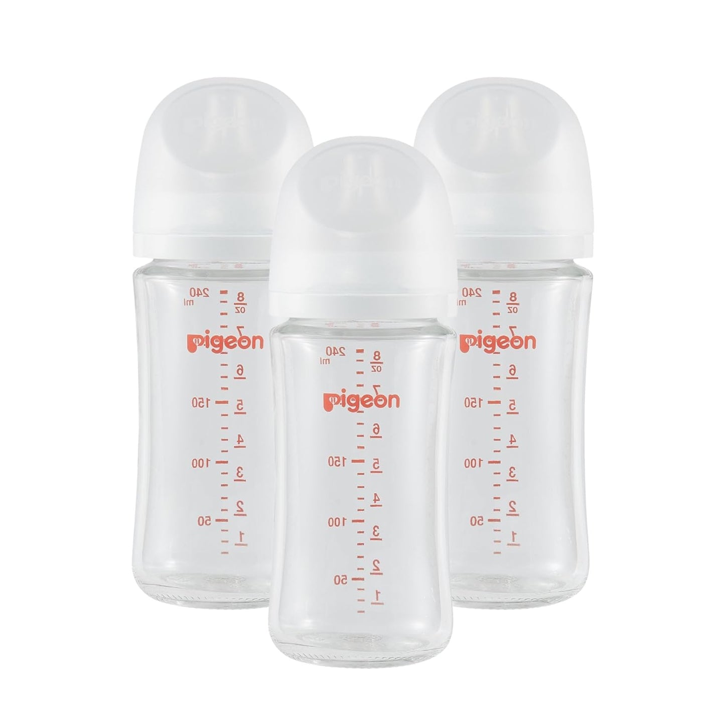 Pigeon Glass Nursing Bottle Wide Neck, Nurture & Nest, Anti-Colic, Streamlined Body, Natural Feel, Easy to Clean, Heat-Resistant, 8.1 Oz (Pack of 3), Includes 3pcs Stage 3 Nipples (3m+)