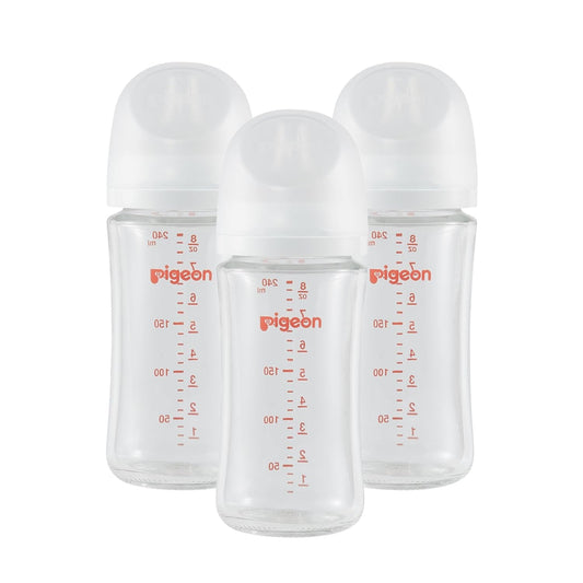 Pigeon Glass Nursing Bottle Wide Neck, Nurture & Nest, Anti-Colic, Streamlined Body, Natural Feel, Easy to Clean, Heat-Resistant, 8.1 Oz (Pack of 3), Includes 3pcs Stage 3 Nipples (3m+)