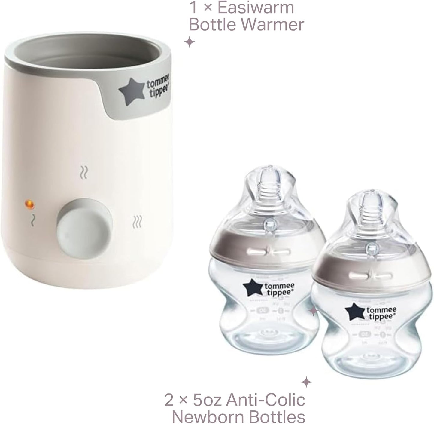 Tommee Tippee Easiwarm Bottle Warmer, Warms Breast Milk and Formula Bottles, Automatic Timer, One-Dial Operation+ Natural Start Anti-Colic 5 oz BPA Free Newborn Bottles, Slow Flow Breast-Like Nipple