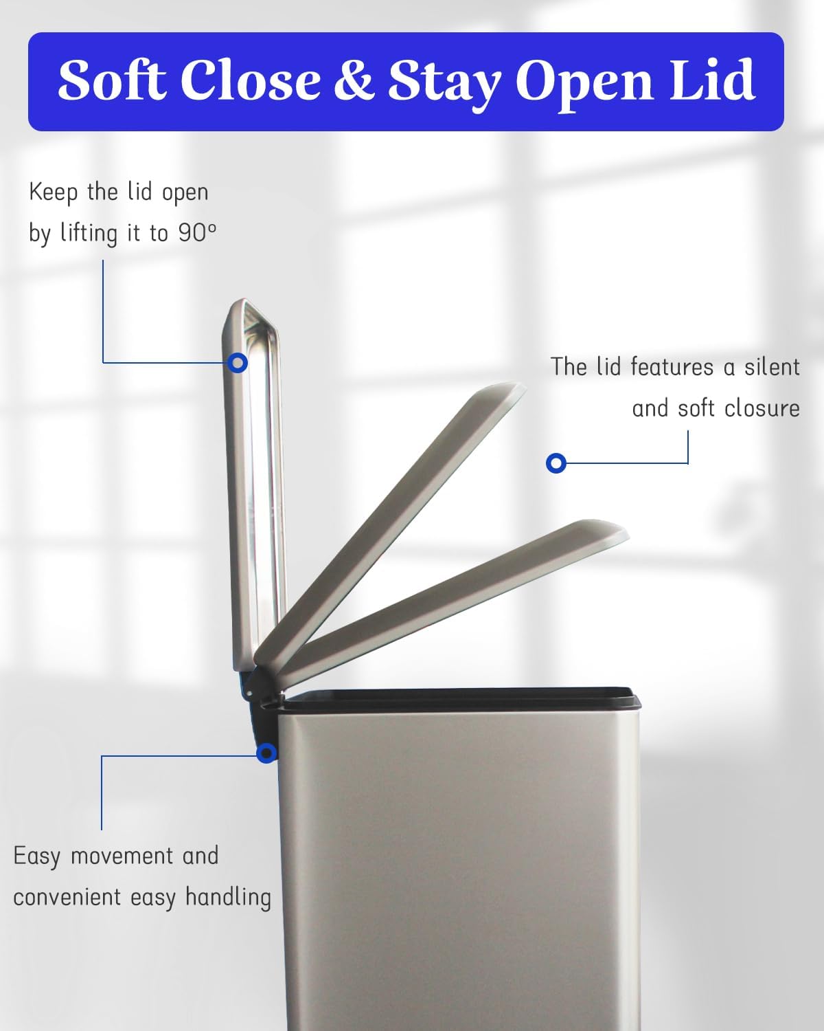 12 Gallon Slim Kitchen Trash Can, Stainless Steel Trash Can with Removal Inner Bucket and Soft-Close Lid, Pedal Garbage Can 45 Liter, Kohler Grey