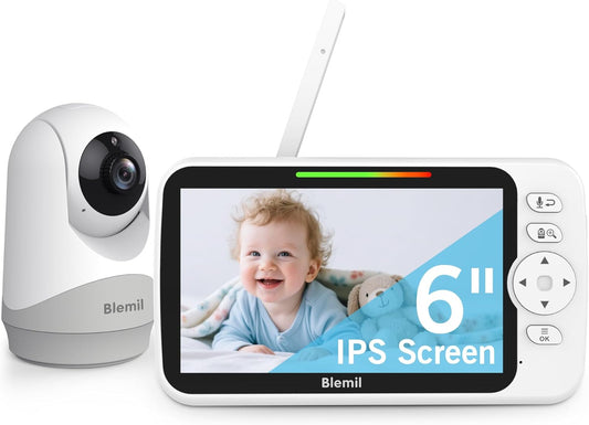 Blemil Upgrade Video Baby Monitor with Camera and Audio 6" Large Screen, 35-Hrs Battery, No WiFi Baby Monitor, Remote Pan/Tilt/Zoom Camera, 2-Way Talk, Night Vision, Temperature, 1000ft Range
