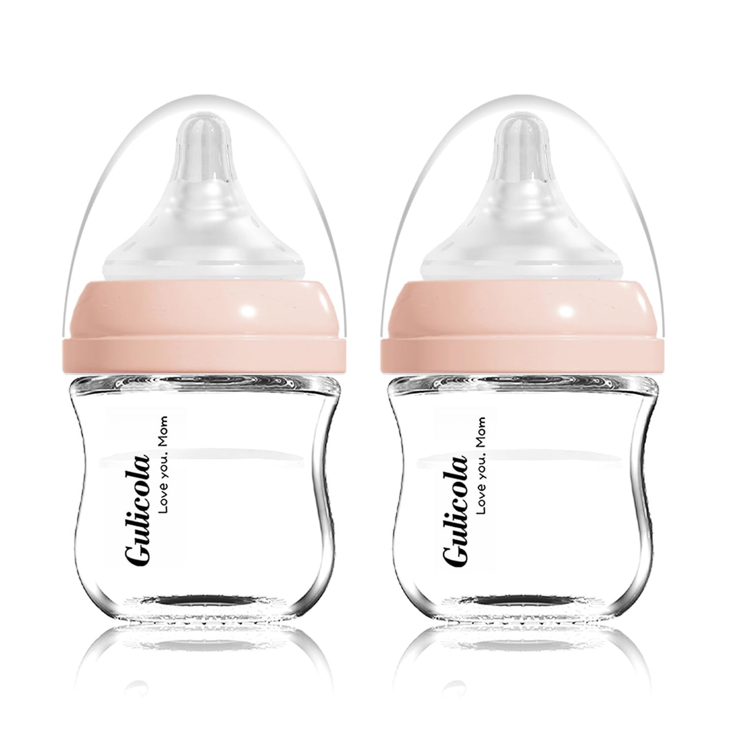 Gulicola Small Glass Baby Bottle for Newborn Breastfeeding Babies, Preemie & Extra Slow Flow Nipples (SS), Anti-Colic, Breast-Like, 0 Months+, 3 oz, 2 Pack - Pink