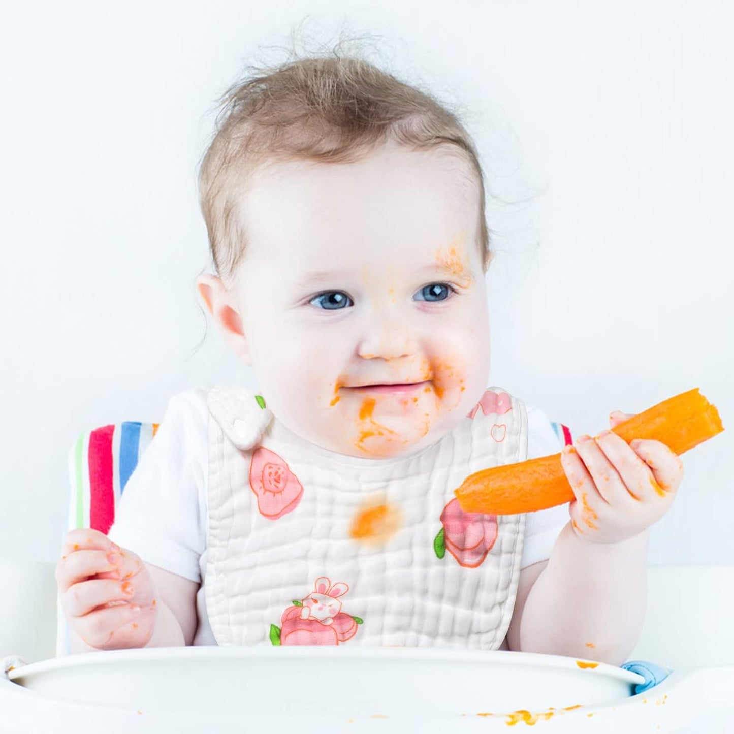 Zainpe 6Pcs Snap Muslin Cotton Baby Bibs Star Cat Rabbit Pattern Adjustable Feeding Bib Machine Washable Unisex Burp Cloths with 6 Absorbent & Soft Layers for Infant Toddler Newborn Eating Drooling