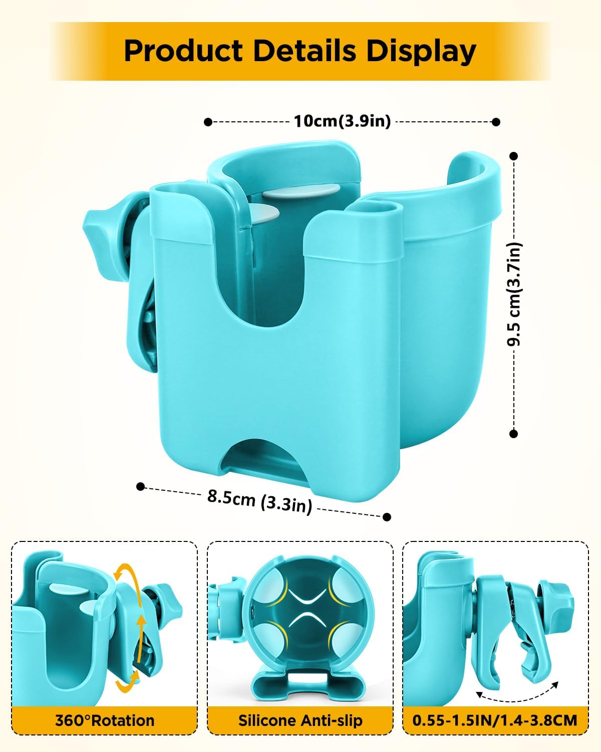 Universal Stroller Cup Holder with Mobile Phone Case, 2-in-1 Strollers Storage Rack, 360 Degrees Rotation Drink Holder for Bike, Pushchair, Wheelchair, Walker,Bicycle, Fits Most Cups (Blue)