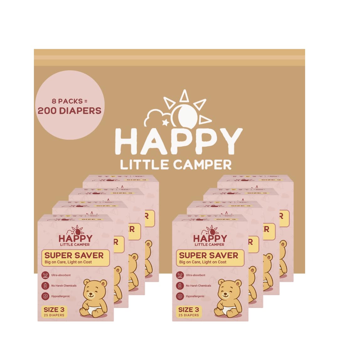 Happy Little Camper Super Saver Diapers, Size 3, 200 Count | Budget-Friendly Disposable Diapers for Sensitive Skin | Hypoallergenic, Fragrance-Free, Ultra Absorbent